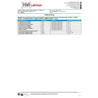 Метаболиты эстрогенов, расчет соотношения (оценка риска развития онкопатологии): 2-OHE1 + 2-OHE2, 2-OHE1 + 2-OHE2/16a-OHE1, 2-ОМеЕ1/2-ОНЕ1, 4-ОМеЕ1/4-ОНЕ1 - в моче