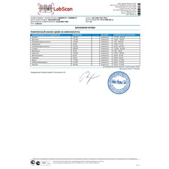 Комплексный анализ крови на аминокислоты (13 показателей: Аланин, Аргинин, Аспарагиновая кислота, Цитруллин, Глутаминовая кислота, Глицин, Метионин, Орнитин, Фенилаланин, Тирозин, Валин, Лейцин/Изолейцин, Пролин)