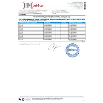 ДНК папилломавирусов (Human Papoiilmavirus) высокого канцерогенного риска (16, 18, 31, 33, 35, 39, 45, 51, 52, 56, 58, 59 типов) с определением типа
