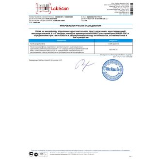 Посев на микрофлору отделяемого урогенитального тракта мужчины с идентификацией микроорганизмов методом времяпролетной МАСС-спектрометрии (MALDI-TOF) и определением чувствительности к расширенному спектру антибиотиков и бак, Определение чувствительности к антибиотикам: Расширенный спектр, Чувствительность к бактериофагам: С определением